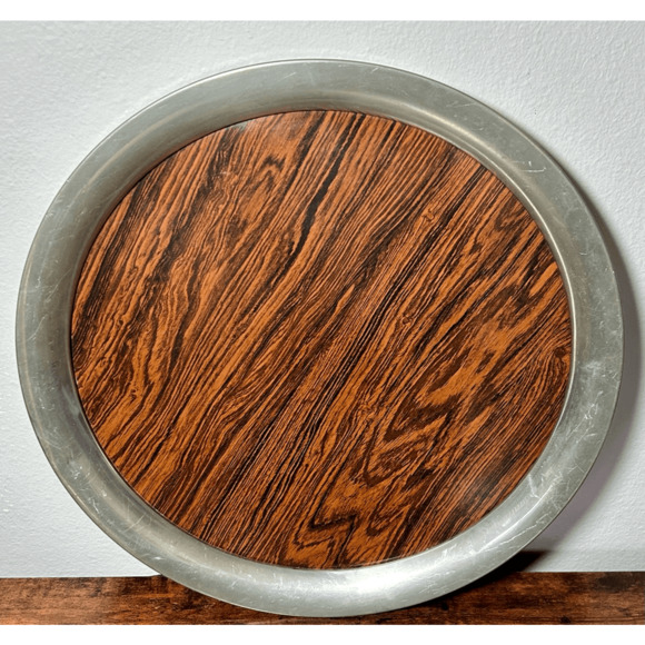 Vintage Kirk Stieff Pewter Tray Wood Grain Cocktail Serving Centerpiece MCM 16" - Picture 1 of 9